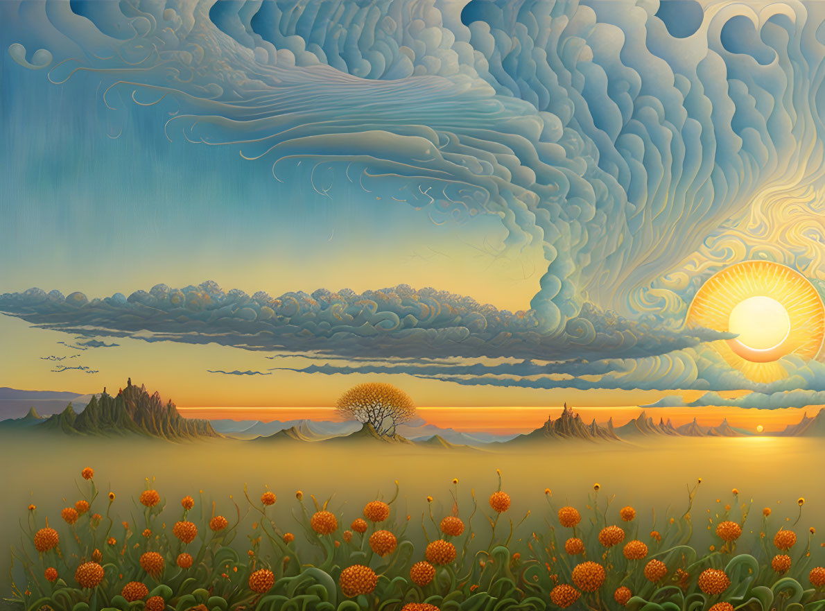 Vibrant sunset over surreal landscape with lone tree and orange flowers