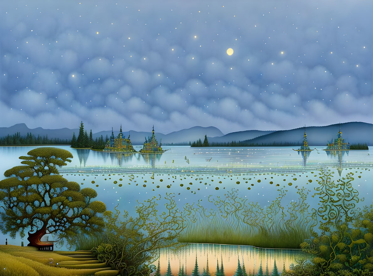 Fantasy Landscape with Ornate Trees, Reflective Water, and Starry Sky