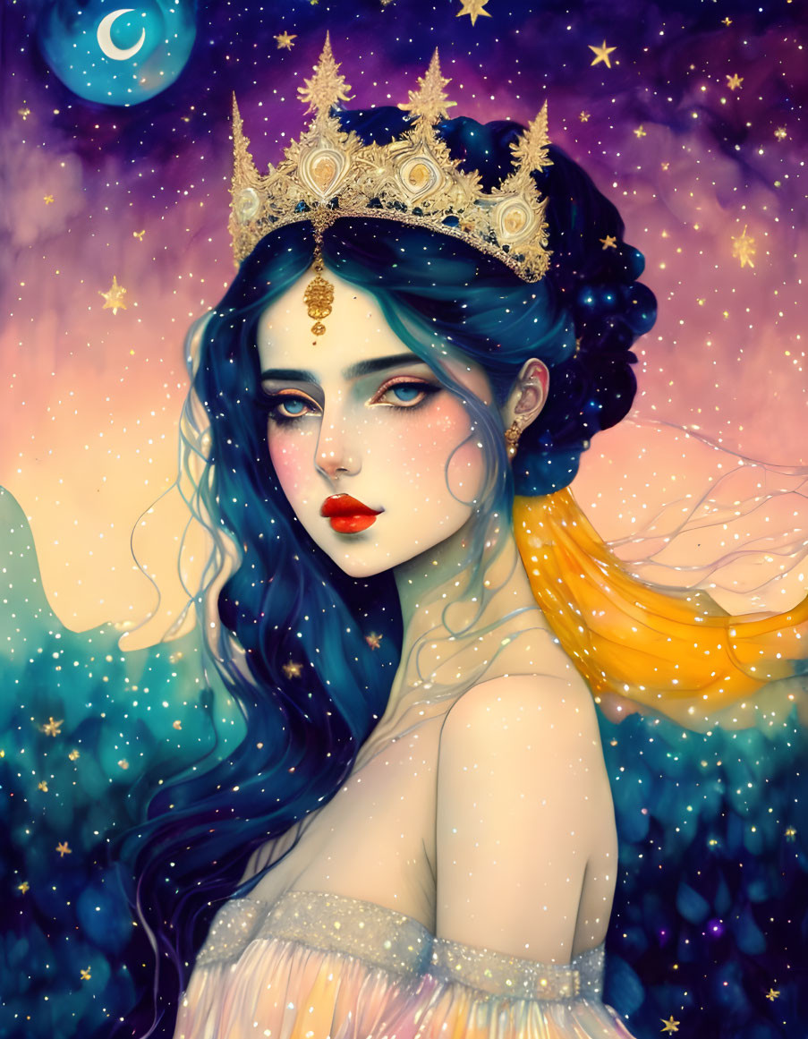 Fantasy Queen Art: Blue Hair, Gold Crown, Space Background