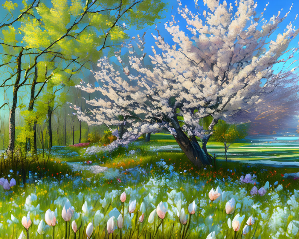 Colorful Spring Landscape with Cherry Tree, Tulips, and Stream