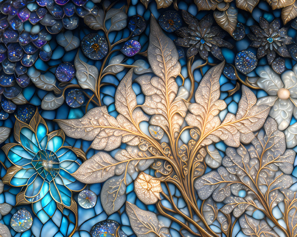 Detailed metallic tree with textured leaves in digital artwork