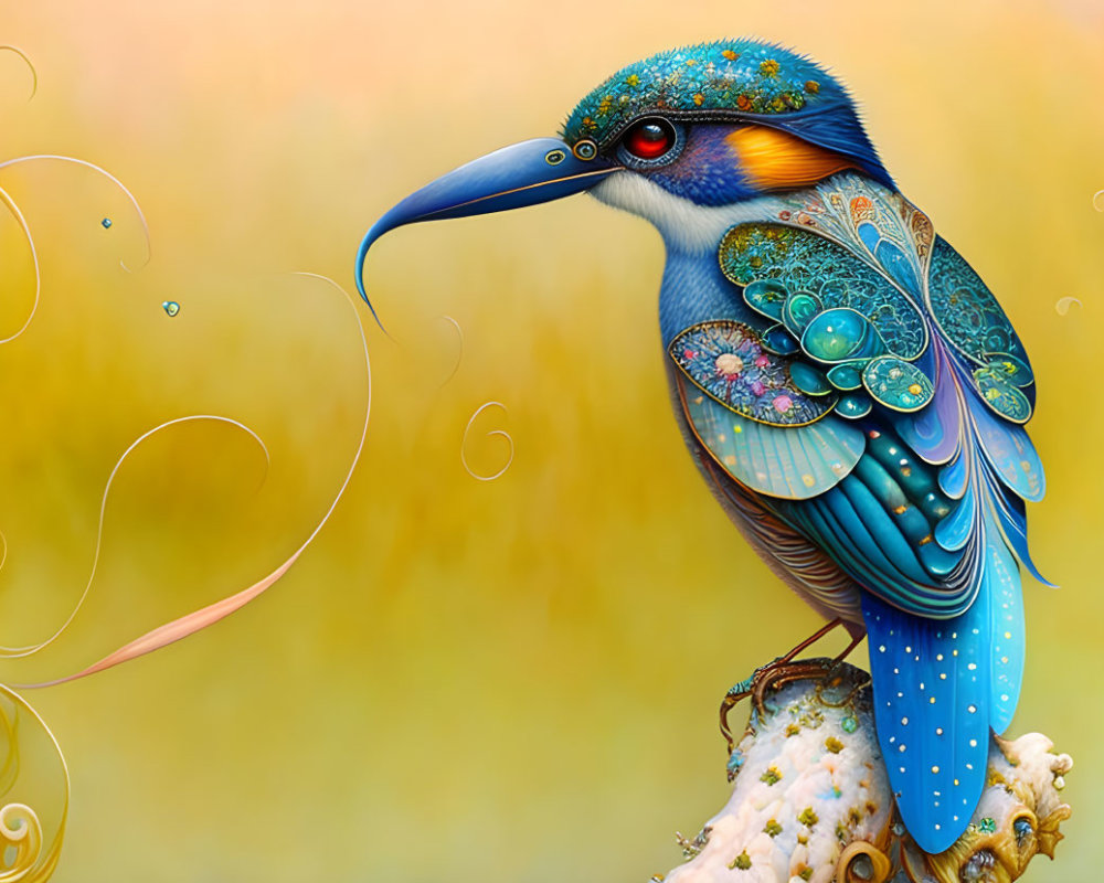 Colorful bird illustration with intricate patterns and jewel-toned colors on a decorated surface.