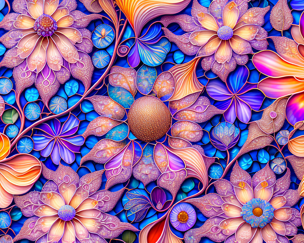 Colorful digital artwork: intricate floral pattern in purple, blue, orange, and brown