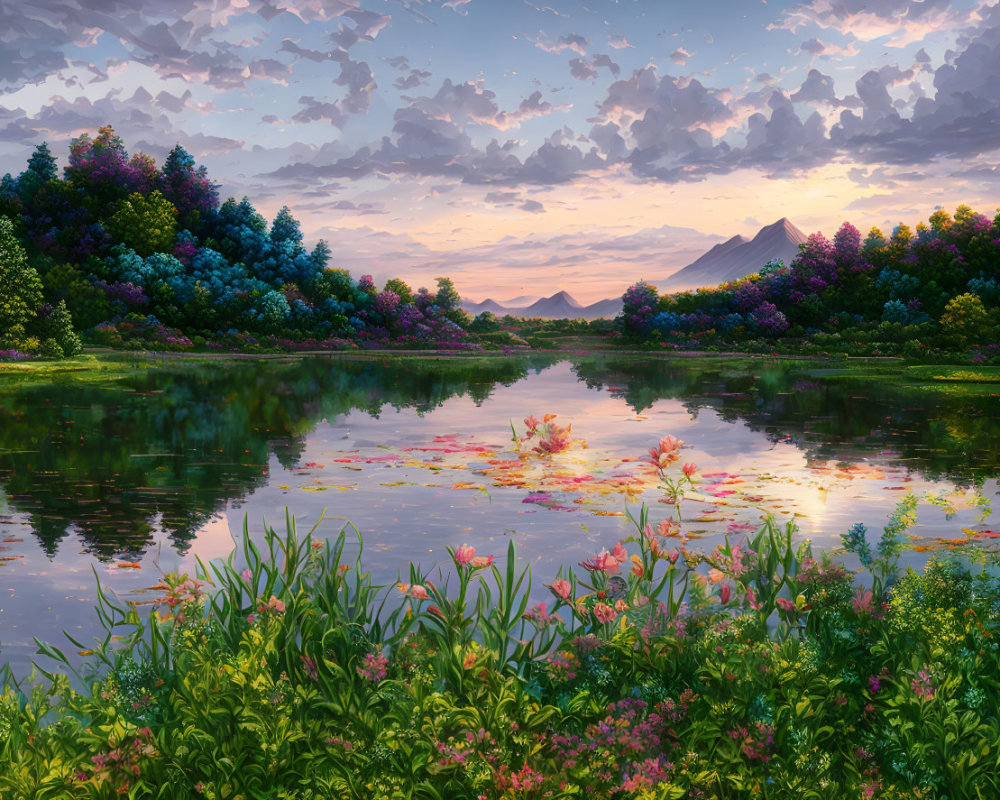 Tranquil lake mirroring vibrant flowers, trees, and sunset sky.