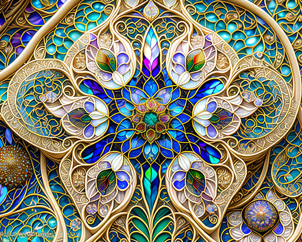 Symmetrical fractal design with vibrant blues, golds, and purples