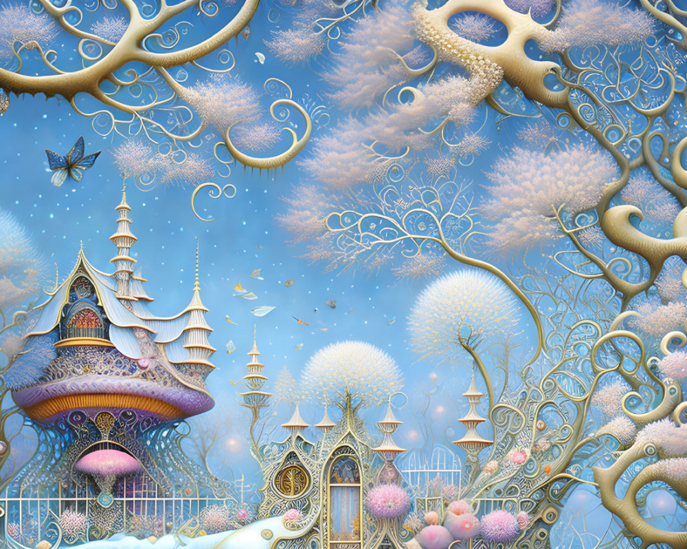 Fantasy landscape with ornate trees, butterfly, and fairy tale castle