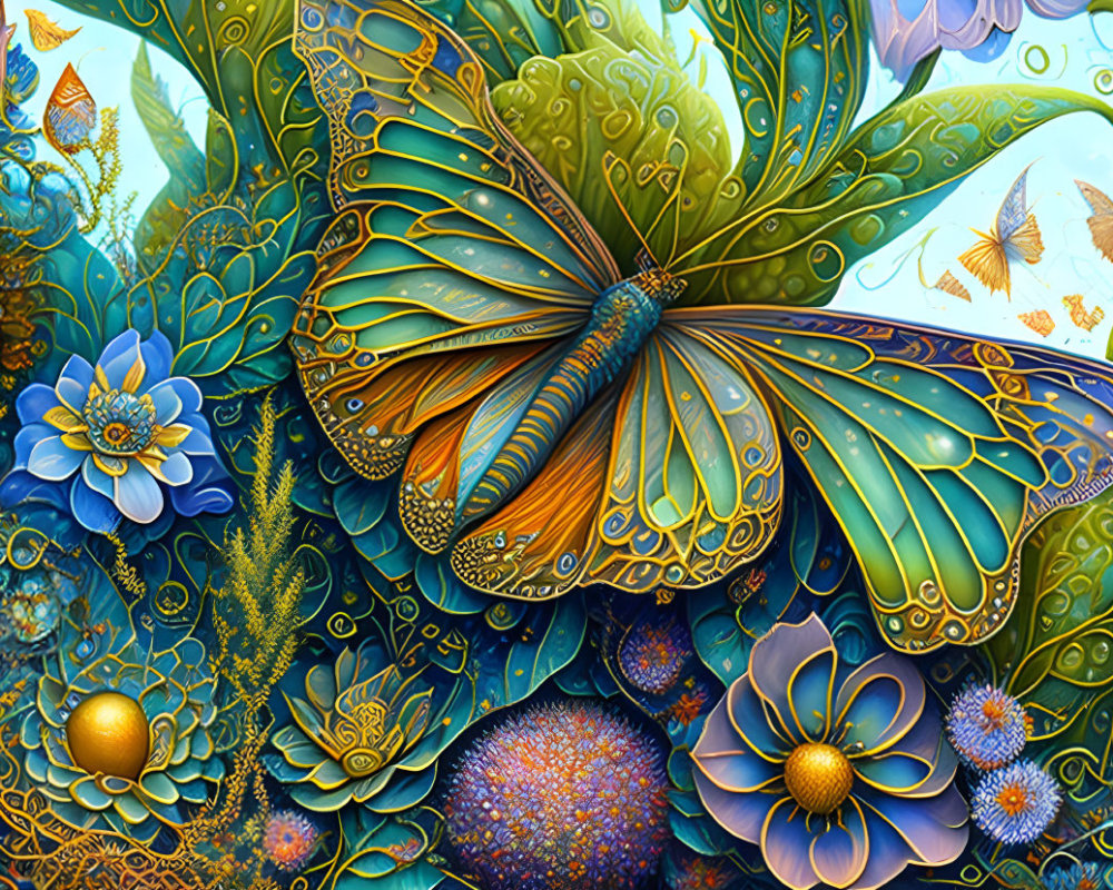 Detailed butterfly illustration with colorful patterns and stylized flowers in fantasy setting