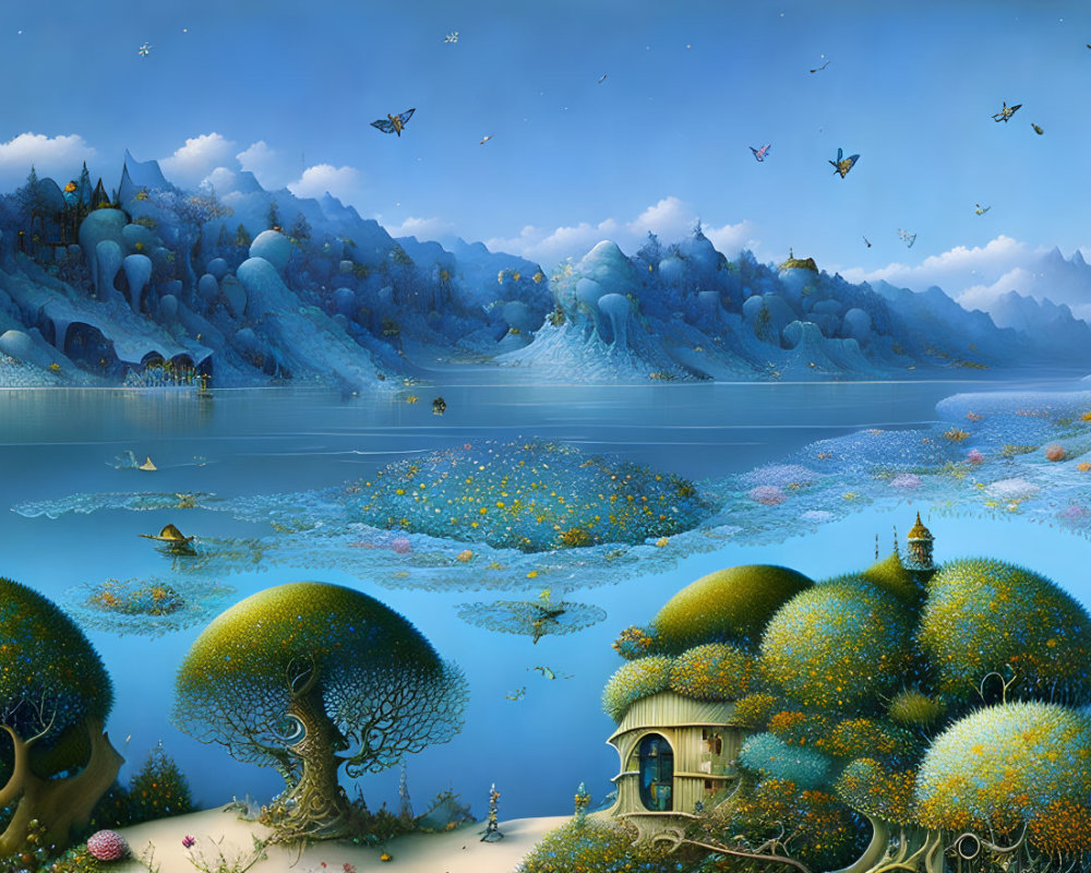 Fantasy landscape with whimsical structures, calm lake, creatures in blue and white palette