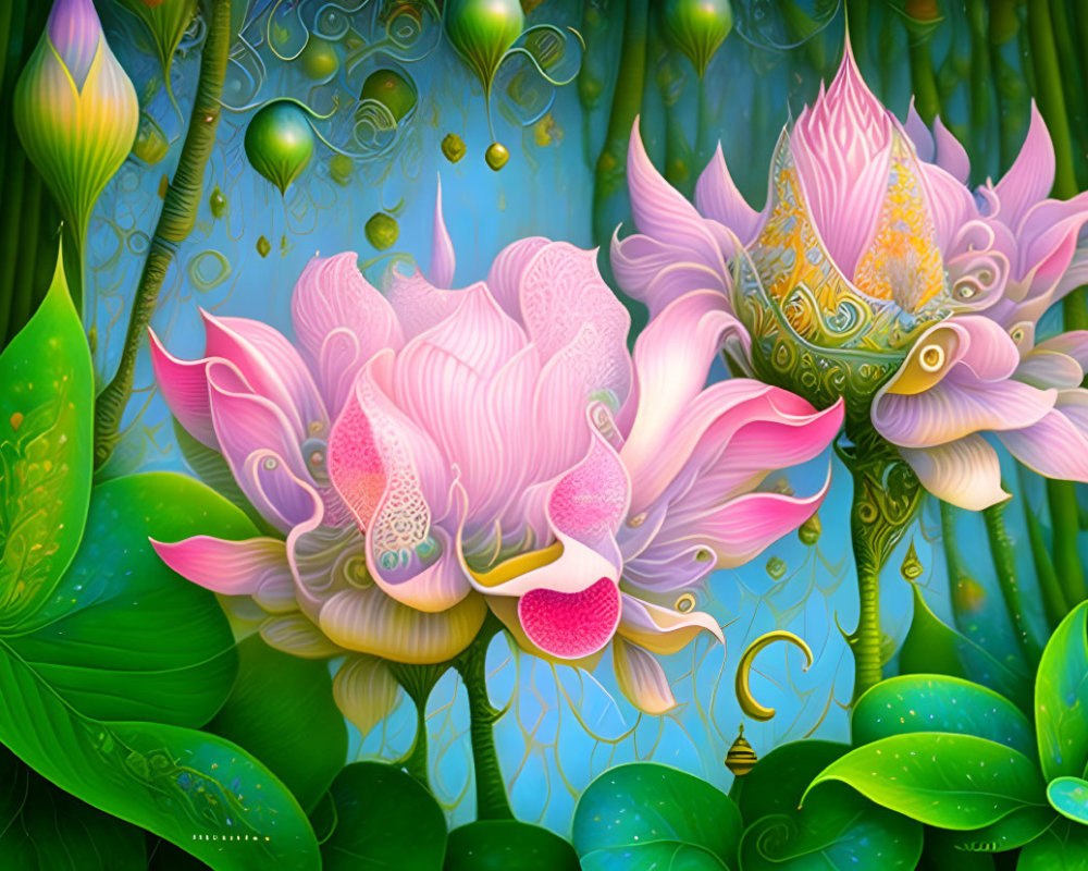 Stylized pink lotus flowers in vibrant digital art