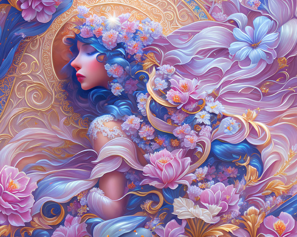 Ethereal woman with flower-adorned hair in golden and floral illustration