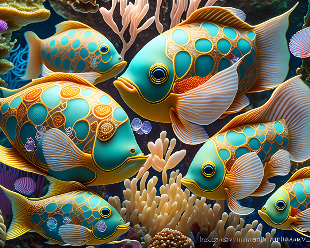 Vibrant Fish and Coral Reef with Orange, Blue, and Yellow Hues