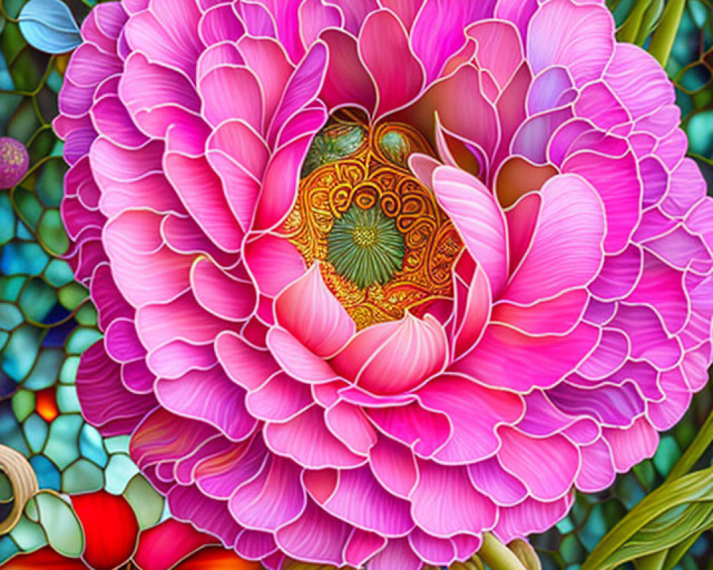 Detailed Pink Flower Illustration with Intricate Patterns and Rich Foliage