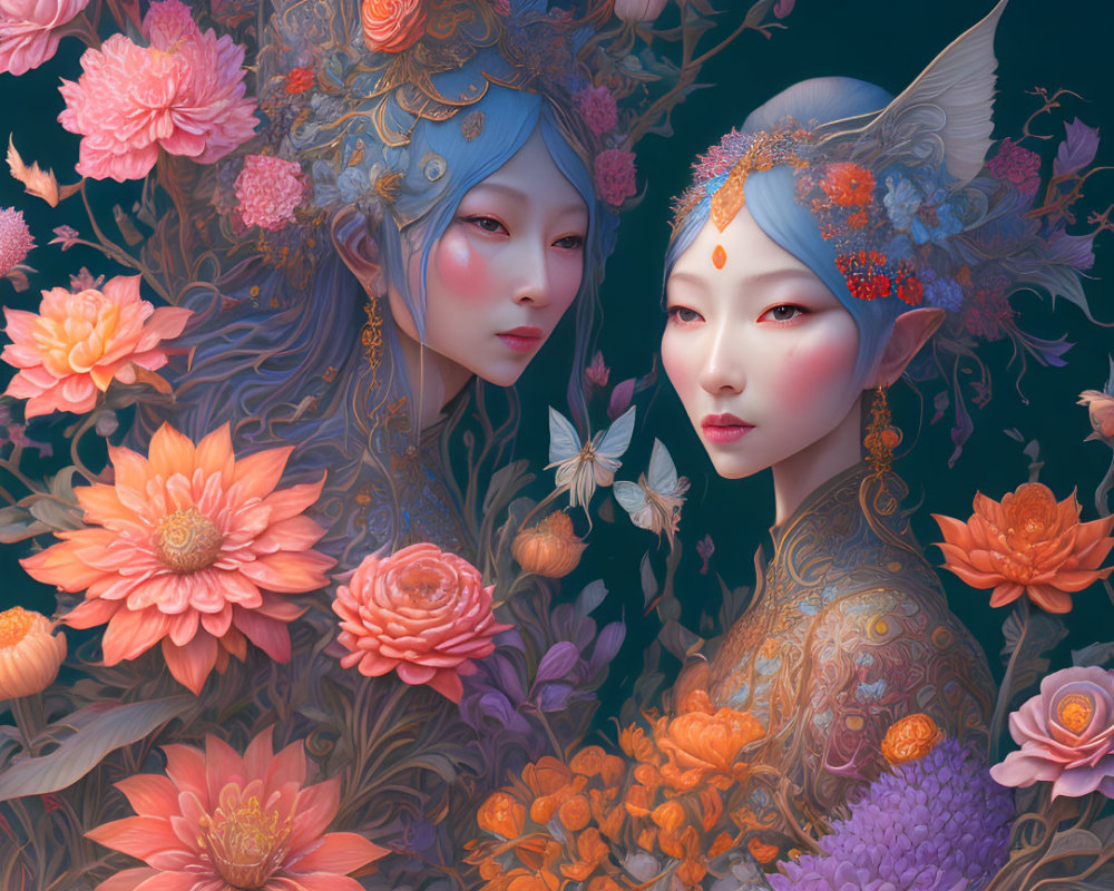 Ethereal beings among vibrant coral and pink flowers with intricate floral patterns