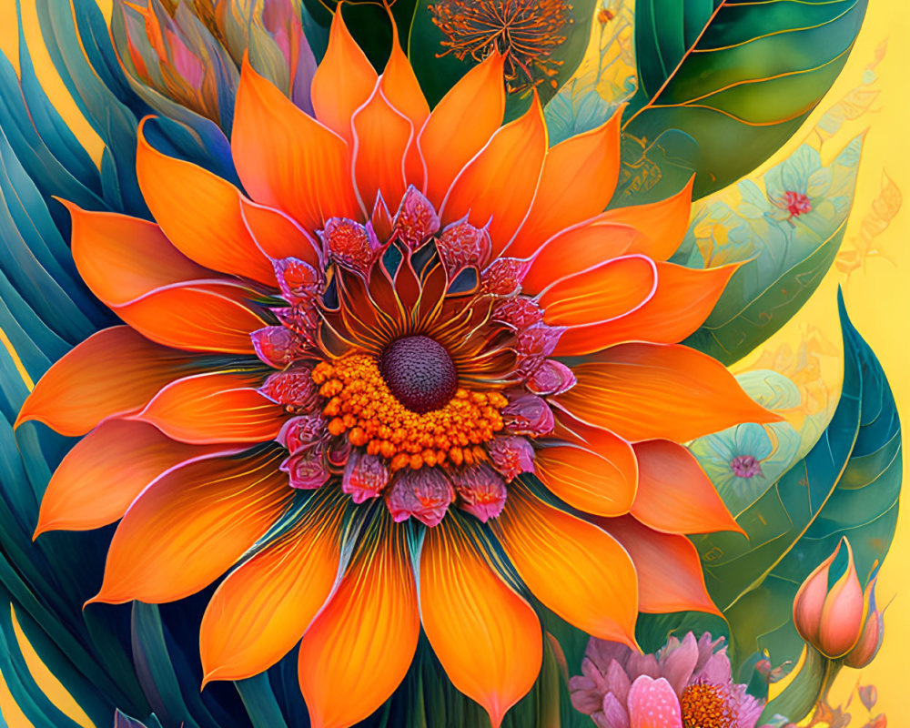 Colorful digital artwork: Detailed orange flower, plants, and jellyfish on yellow background