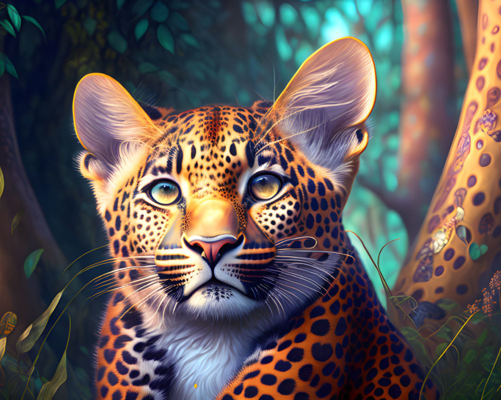 Detailed Leopard Illustration with Vibrant Colors in Lush Forest Setting