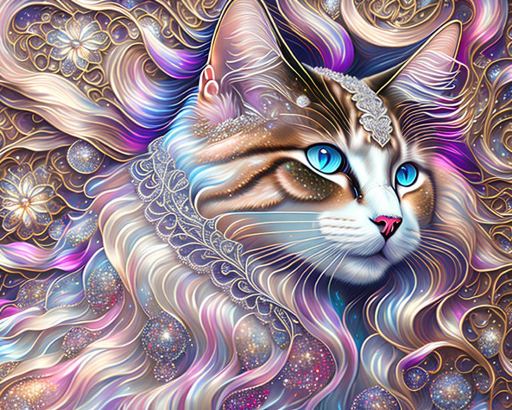 Colorful digital artwork of stylized cat with blue eyes and cosmic patterns.