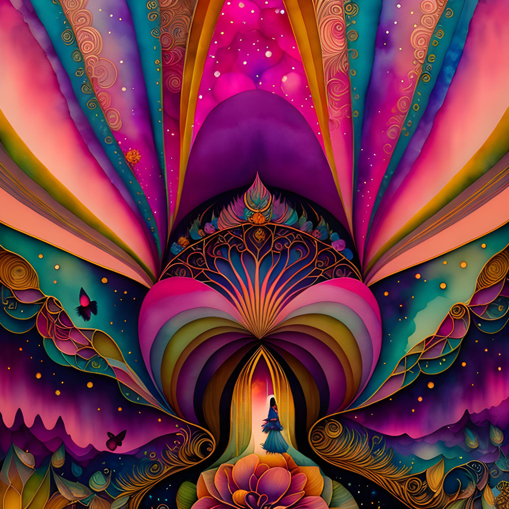 Colorful digital artwork: meditative figure, lotus motifs, radiant colors, symmetrical patterns.