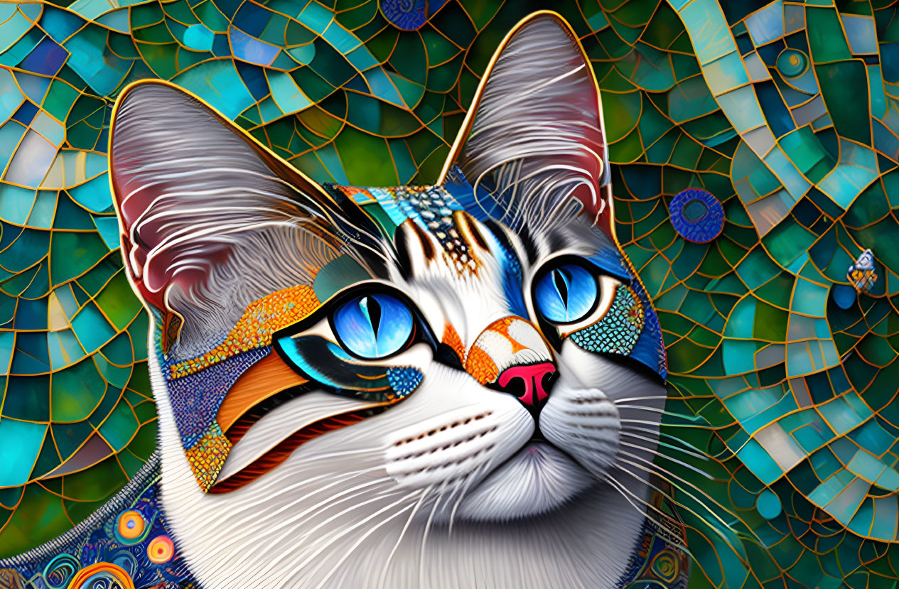 Colorful Cat Illustration with Mosaic Background