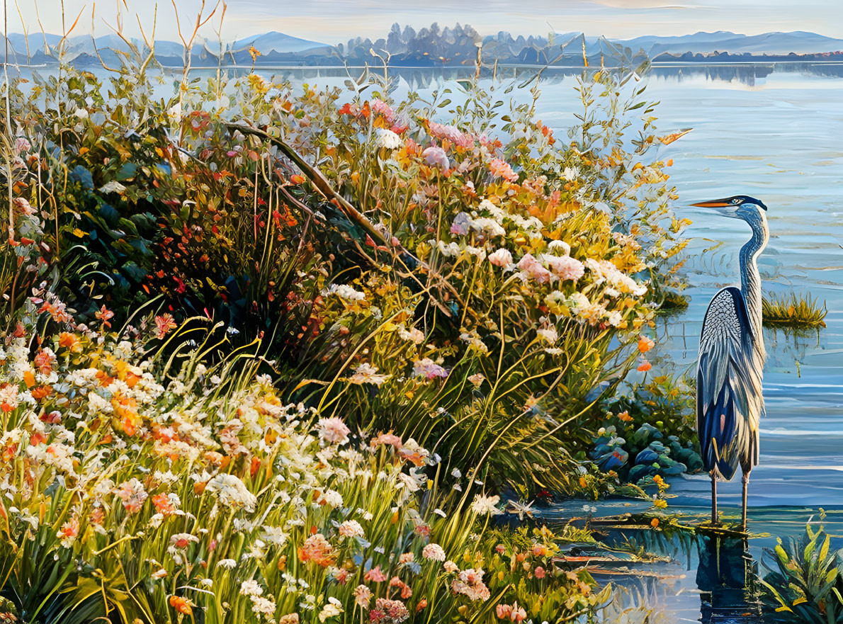 Blue heron in lush flora by tranquil lake at golden hour