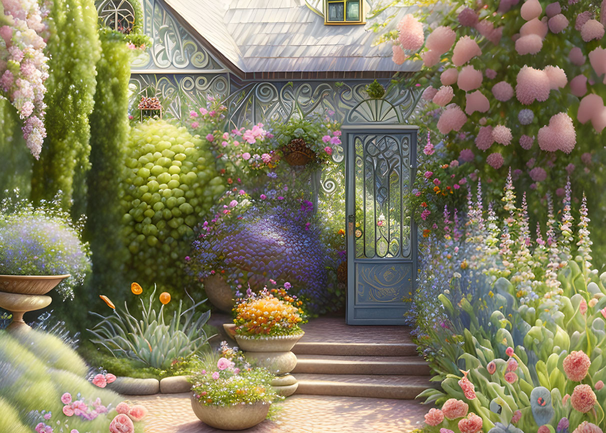 Lush garden with vibrant plants and flowers around ornate blue door