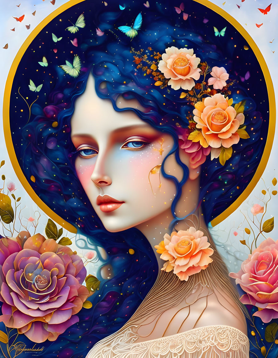 Stylized blue-skinned woman with golden halo, flowers, butterflies, and starry backdrop