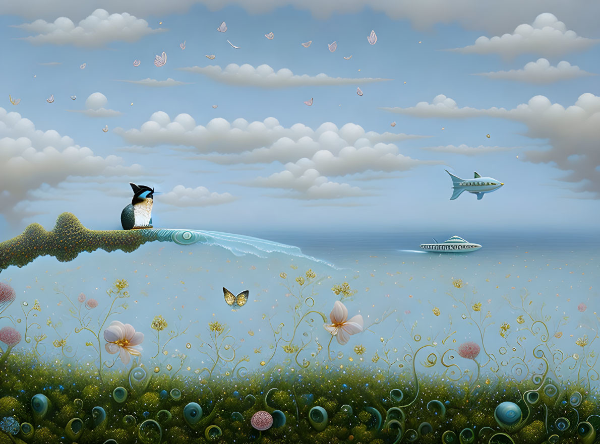 Surreal landscape with flying fish, penguin, flowers, and orbs