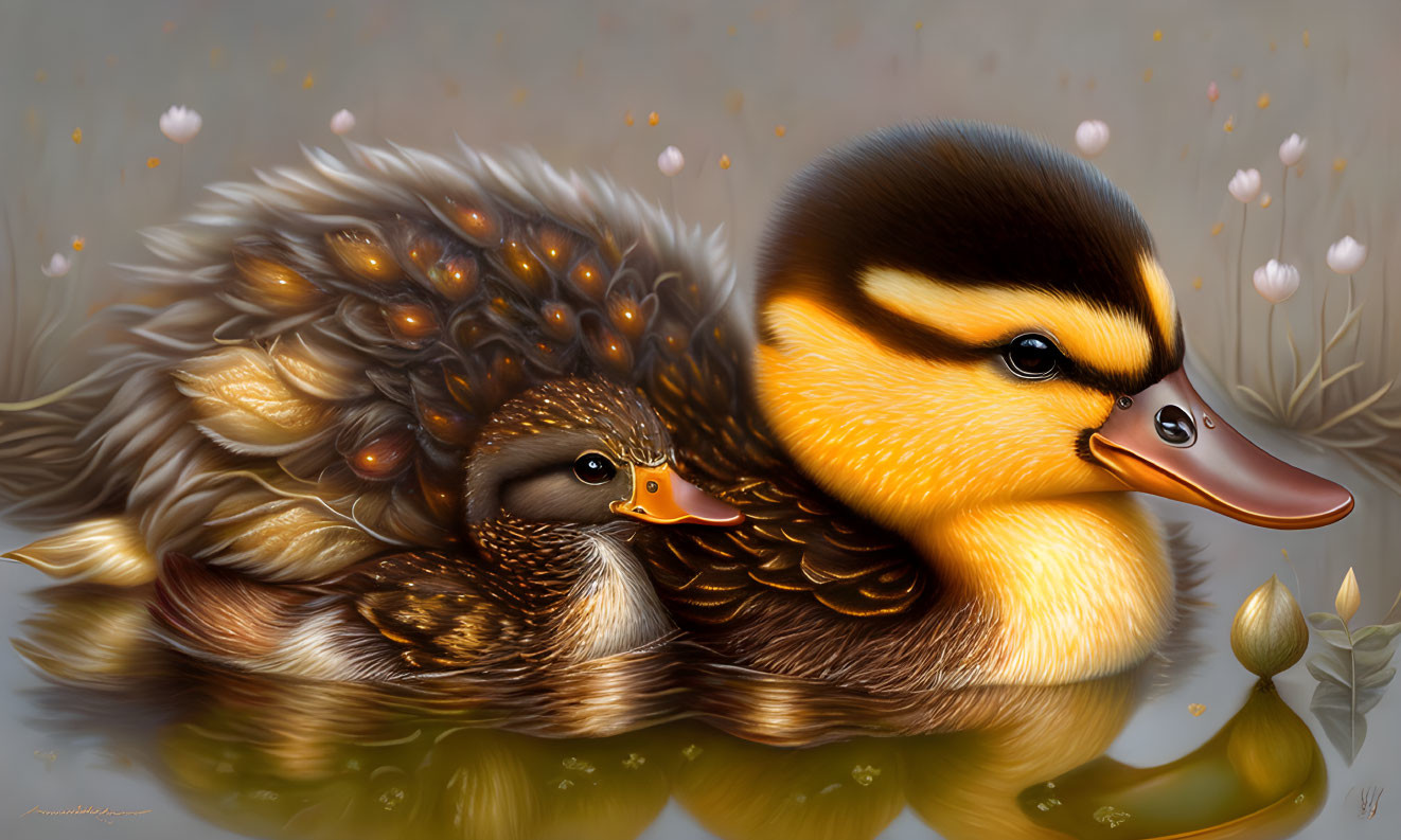 Mother Duck with Duckling Floating on Water Amidst Petals