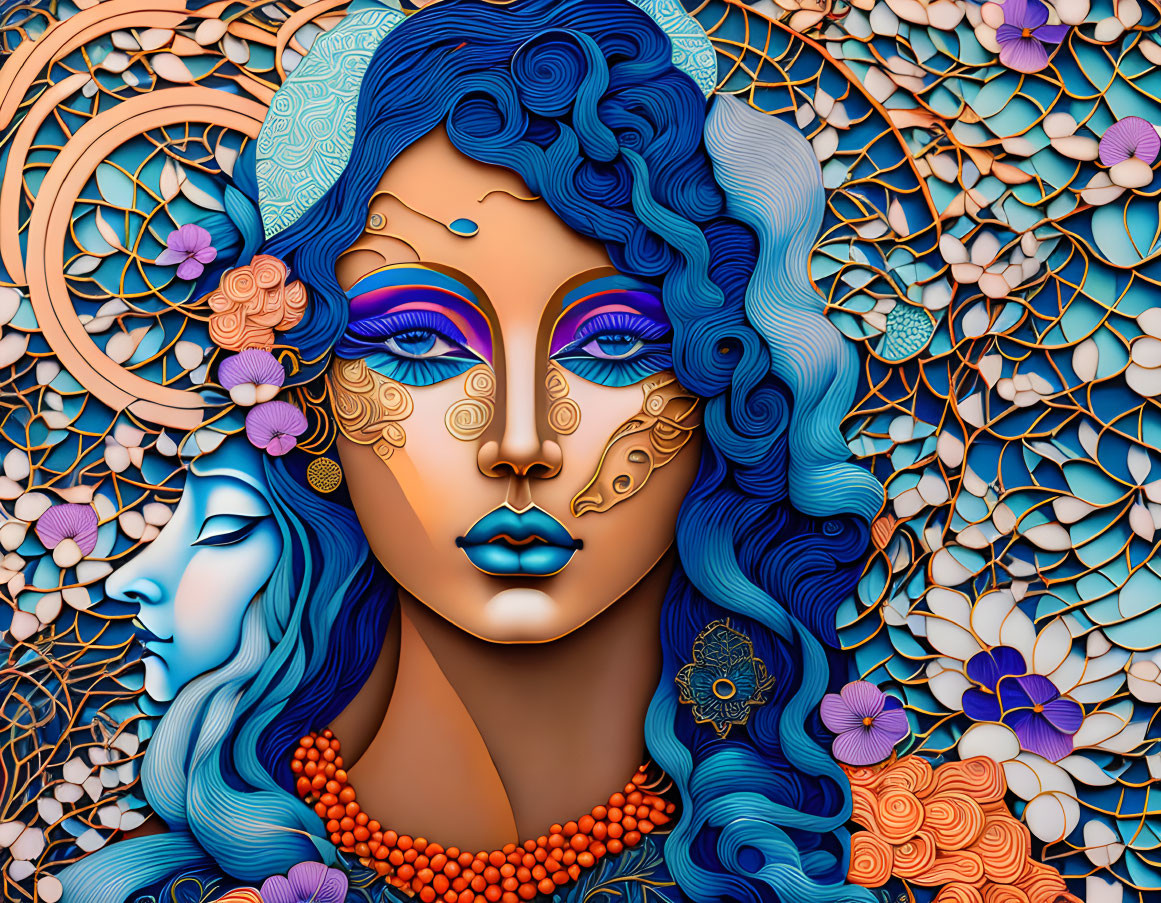 Stylized woman with blue curls and gold facial adornments