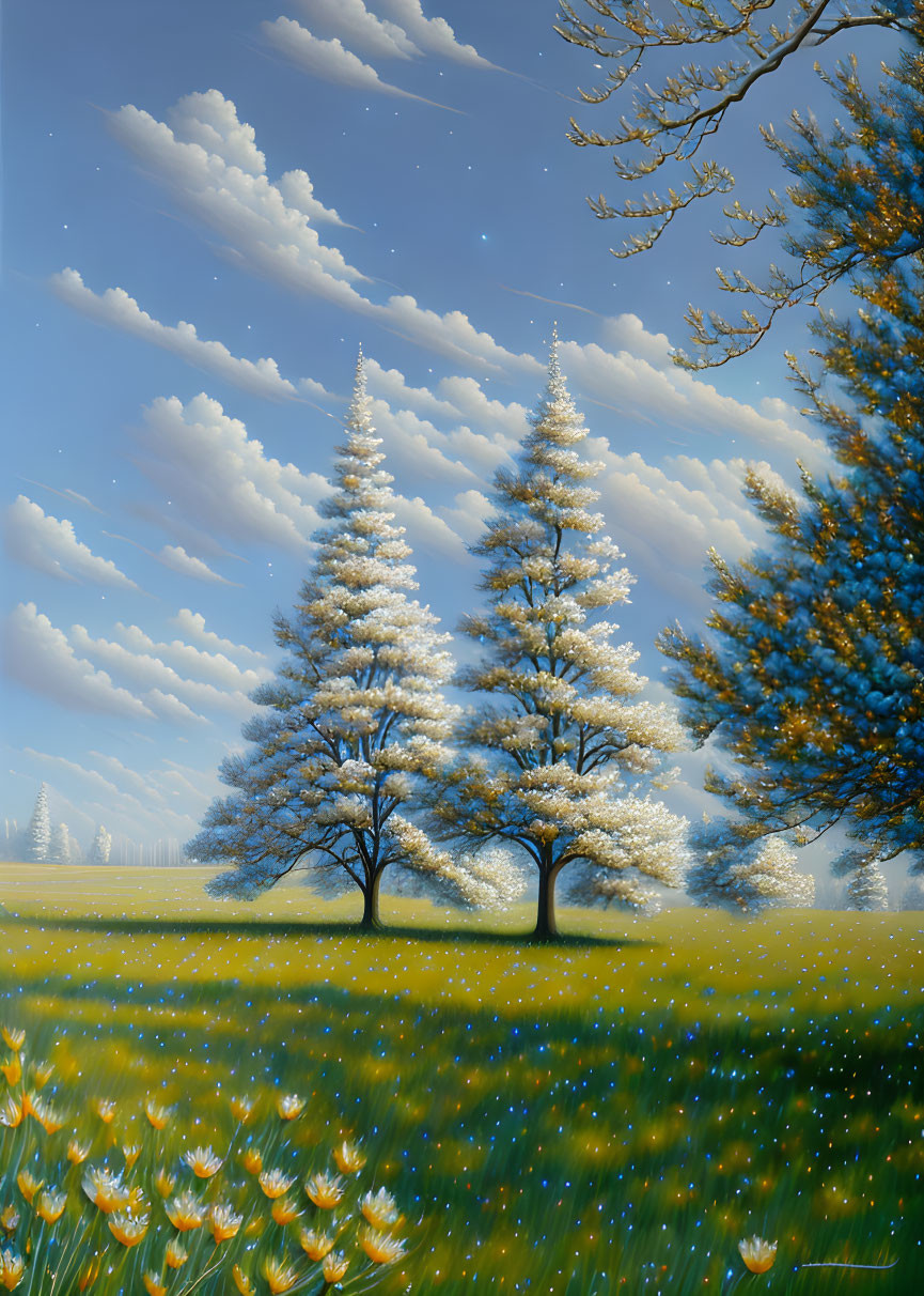 Majestic trees in vibrant landscape with clear sky and white flowers