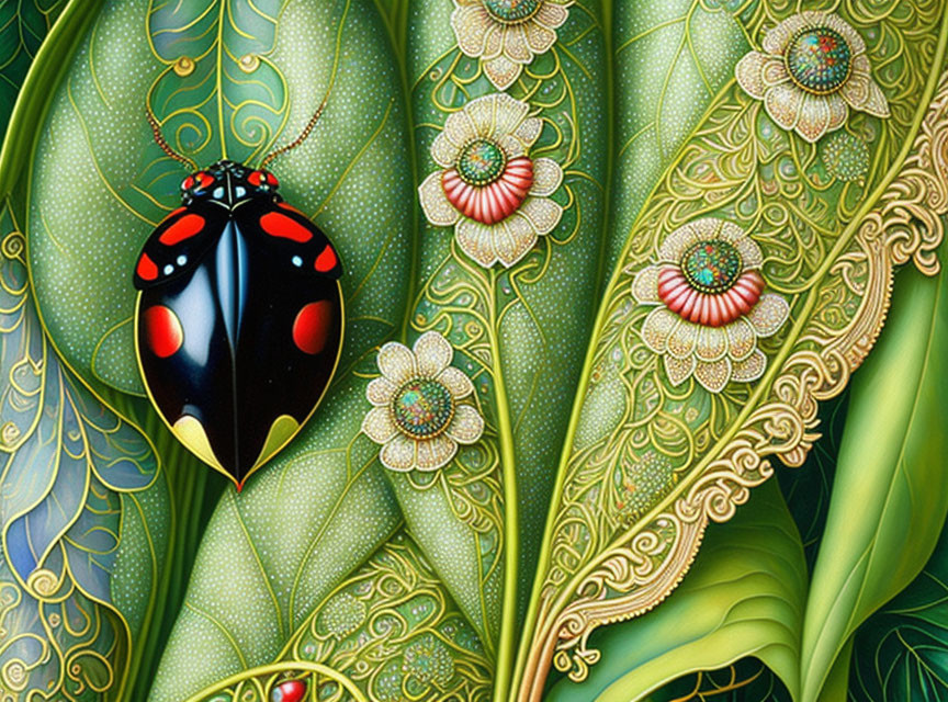 Colorful Ladybug on Leaf with Floral and Golden Ornamental Designs