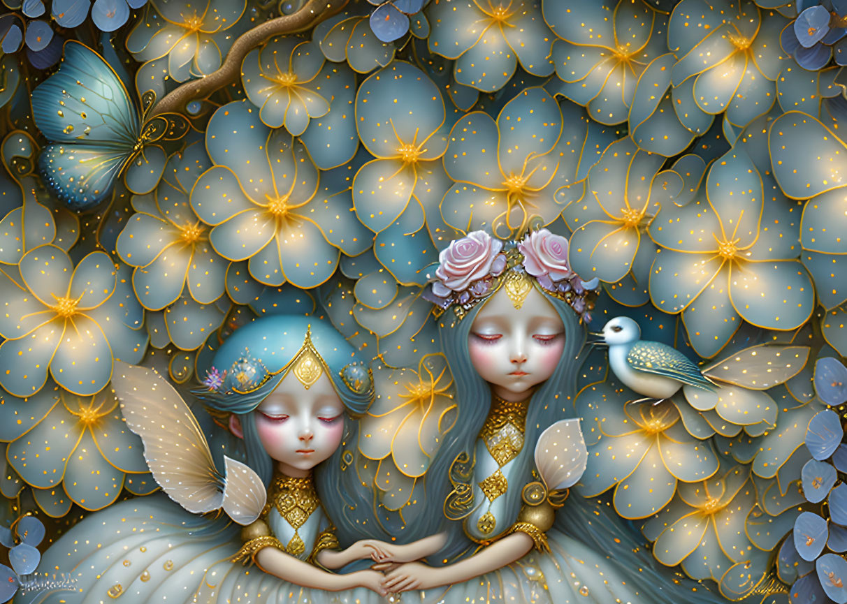 Ethereal butterfly-winged figures in glowing floral scene with bird