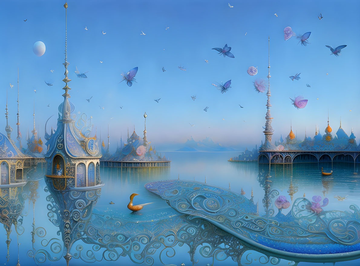 Fantastical landscape with floating structures and serene blue water