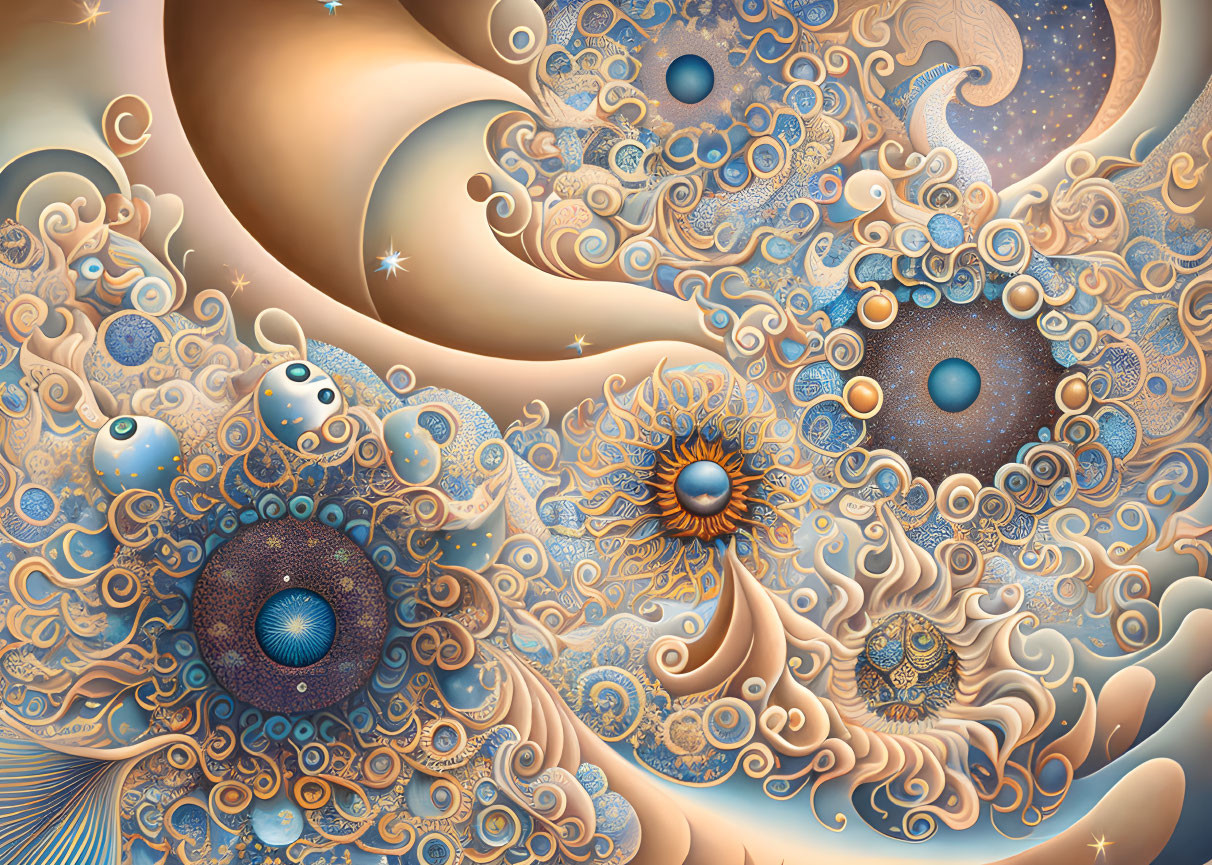 Intricate surreal fractal art with celestial and aquatic motifs in blue, gold, and brown.