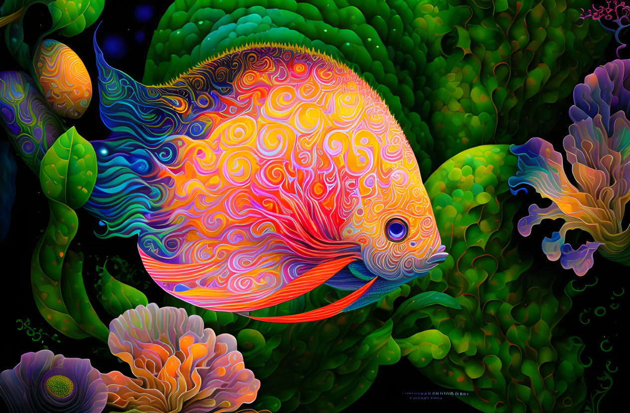 Colorful digitally created fish in neon-lit coral reef