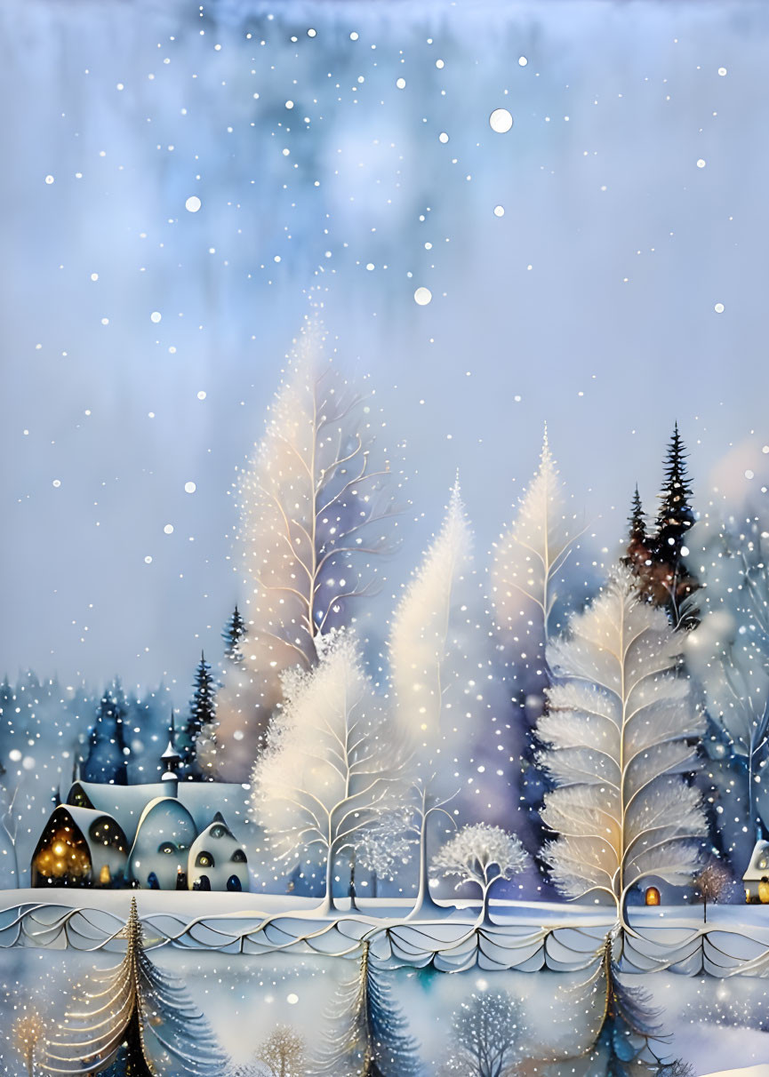 Snow-covered trees, charming village, gentle snowfall in a whimsical winter scene