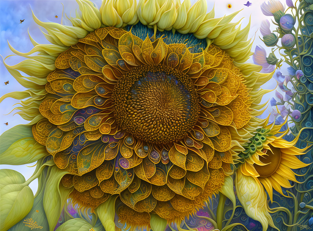 Detailed digital sunflower artwork with butterflies and flora on blue sky