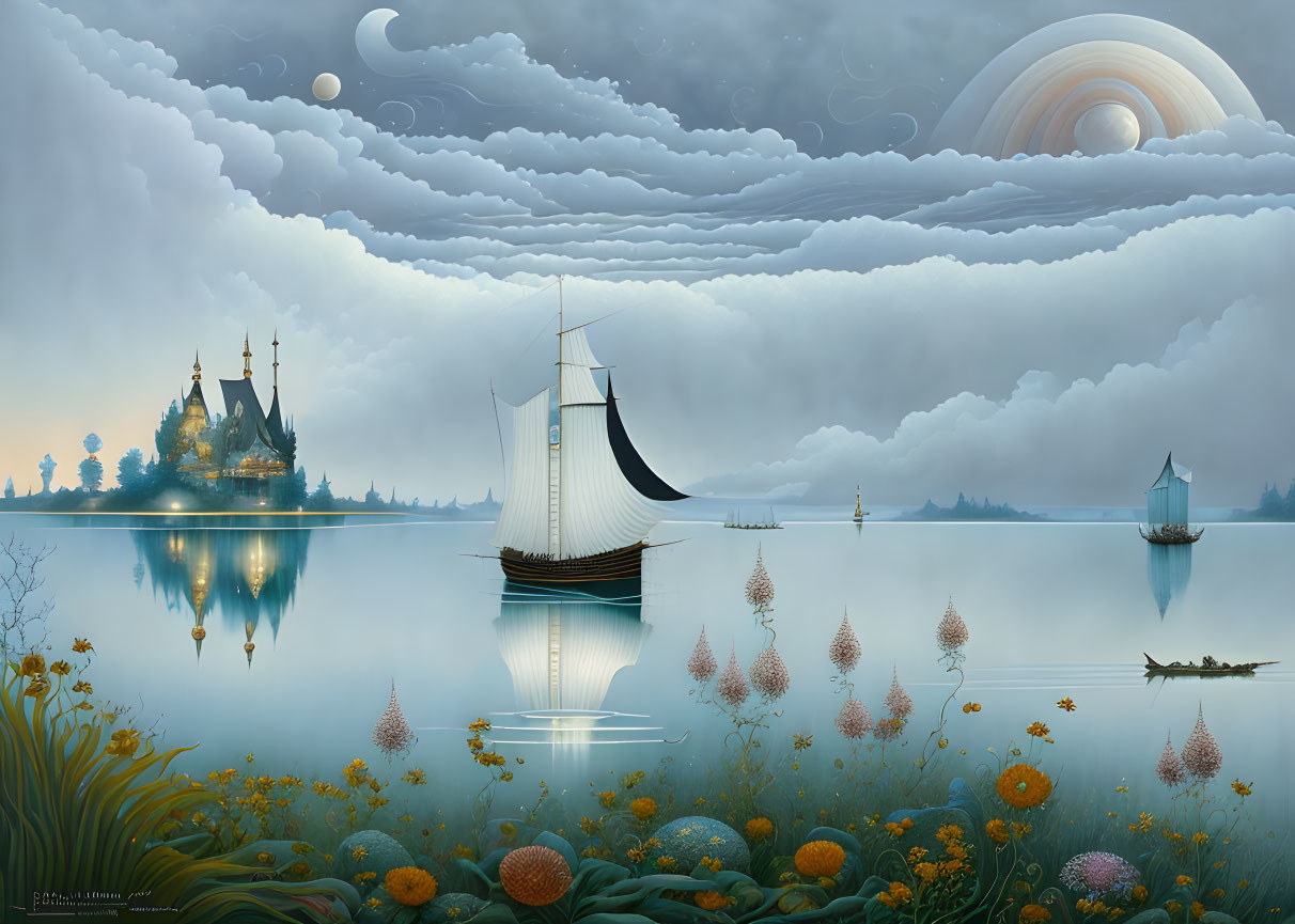 Surreal landscape with calm lake, sailboat, castle, layered clouds, crescent moon,