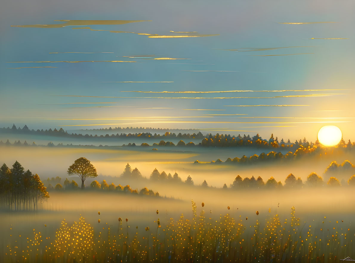 Misty Landscape with Sunrise, Trees, and Wildflowers