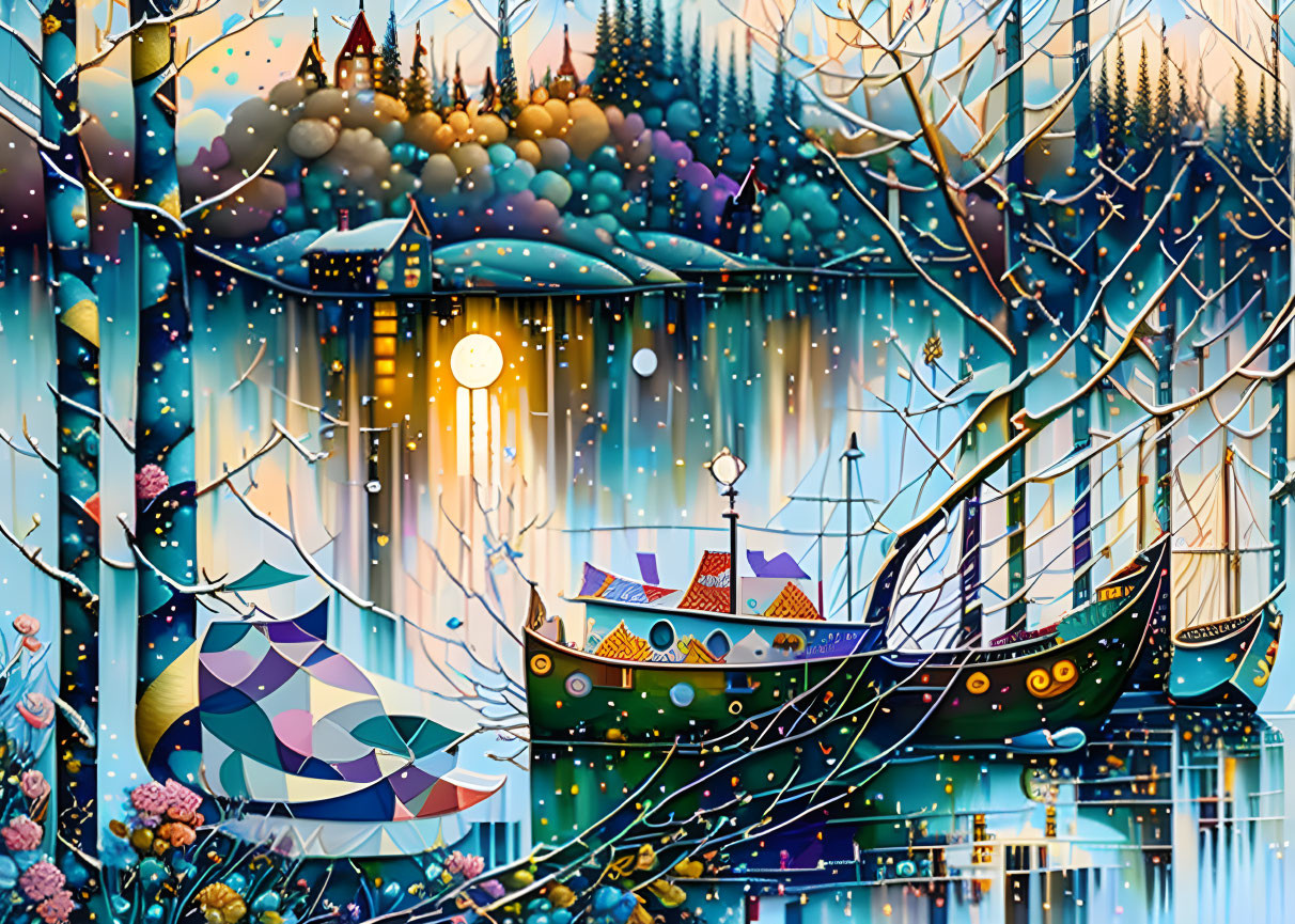 Colorful landscape with patterned boats, snow-covered trees, hills, and castle under starlit sky