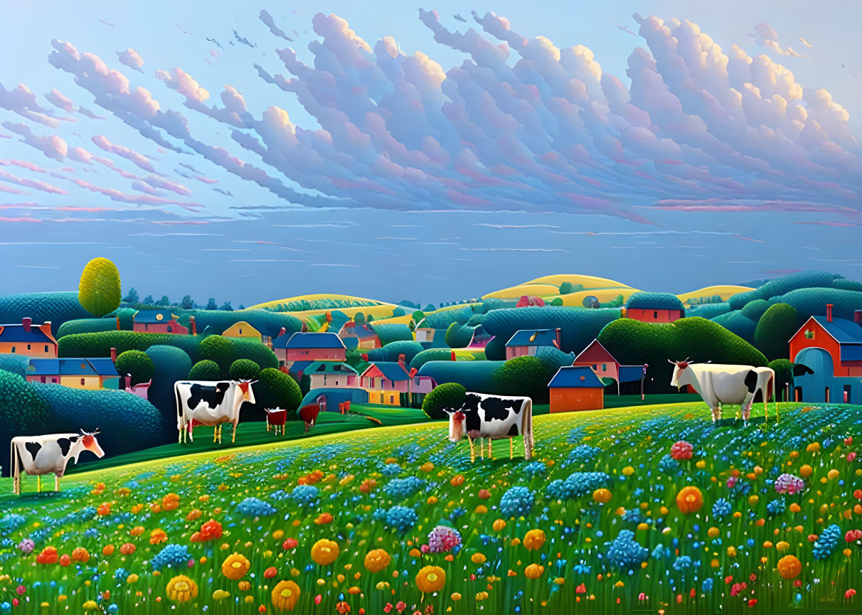 Colorful landscape painting: rolling hills, cows, village, whimsical clouds