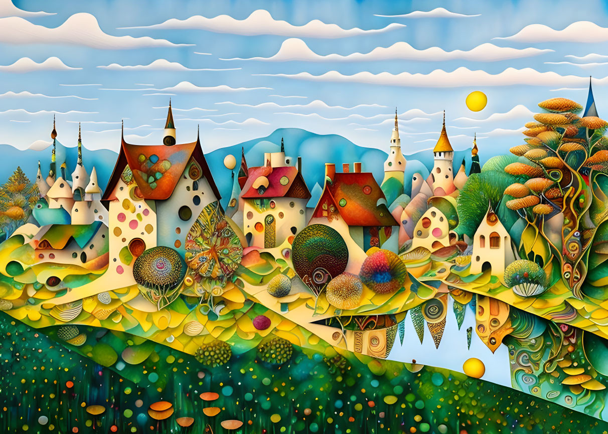 Colorful landscape with stylized houses, circular trees, rolling hills, bright sun, and blue sky