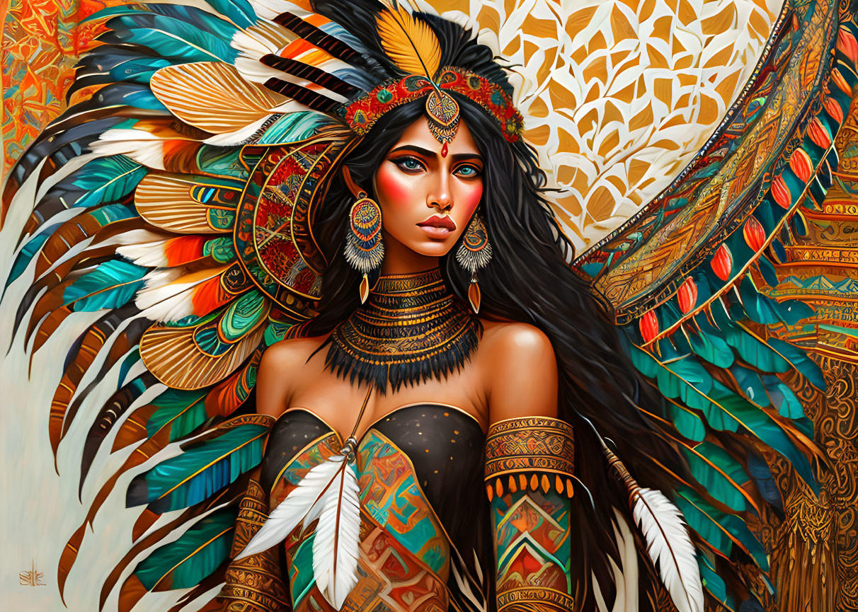 Colorful digital artwork of a woman with feather headdress and intricate beadwork on golden backdrop