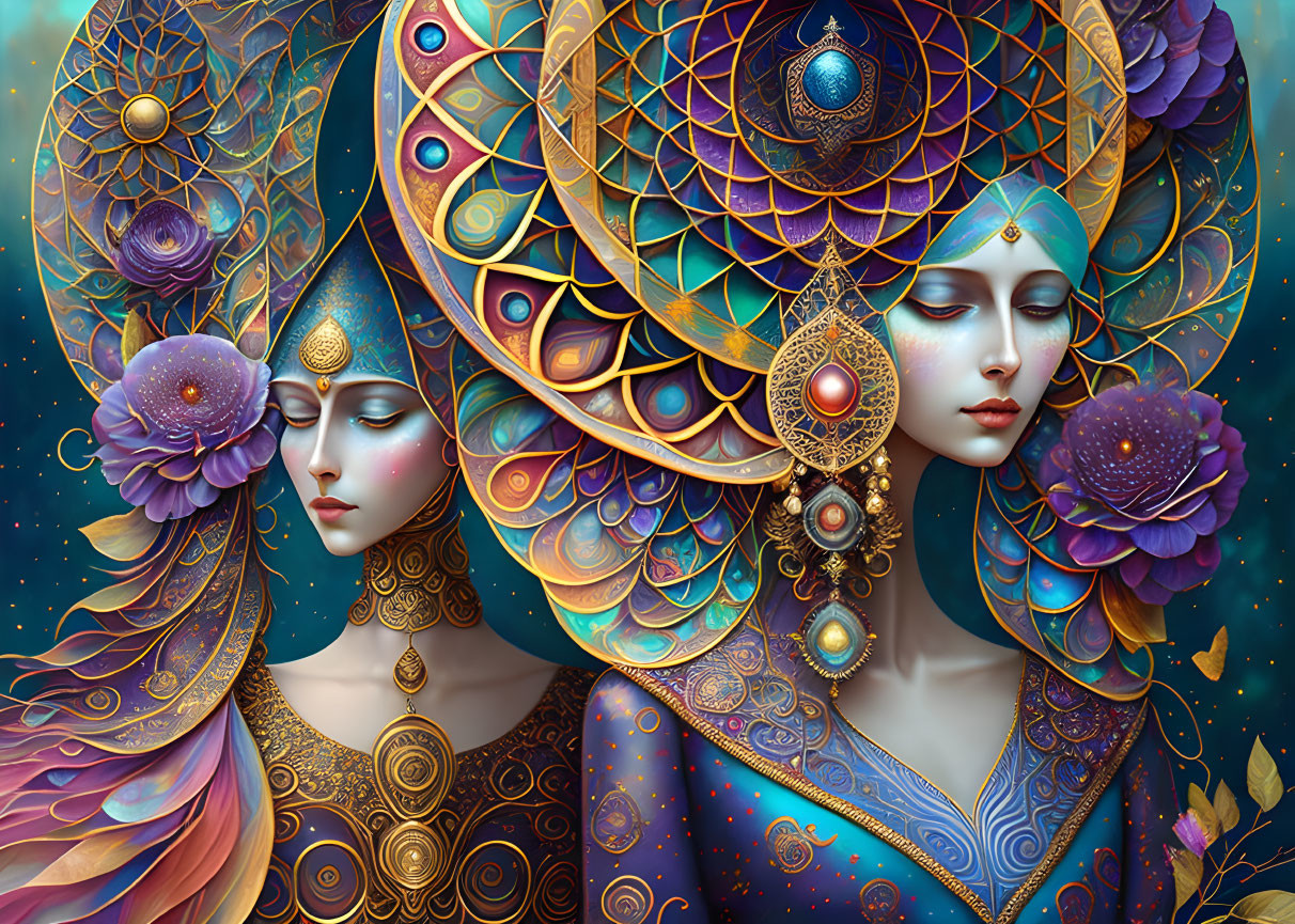 Colorful digital artwork: Two female figures with intricate headdresses on dark background