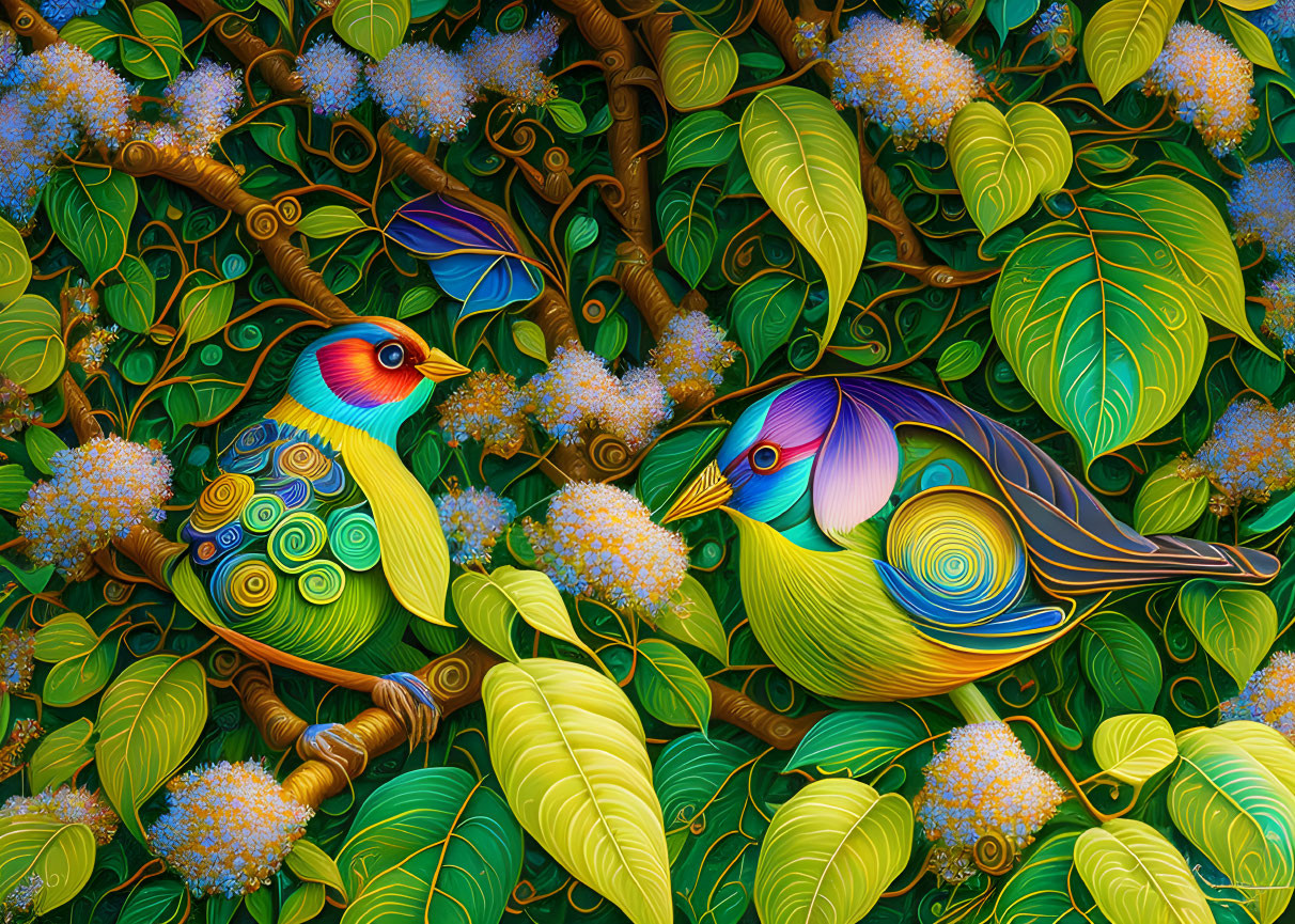 Colorful Bird Illustration Among Green Foliage and Flowers