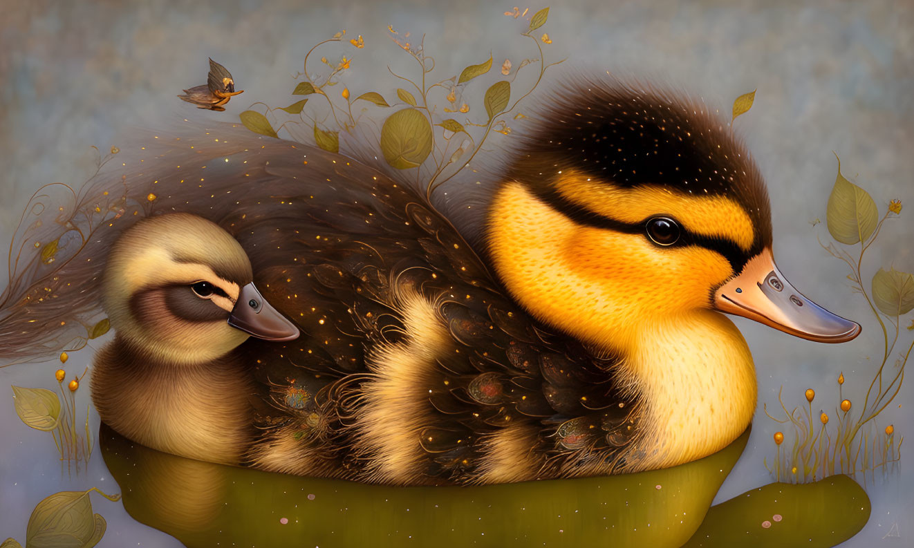 Mother Duck and Duckling in Golden Leaves with Butterfly