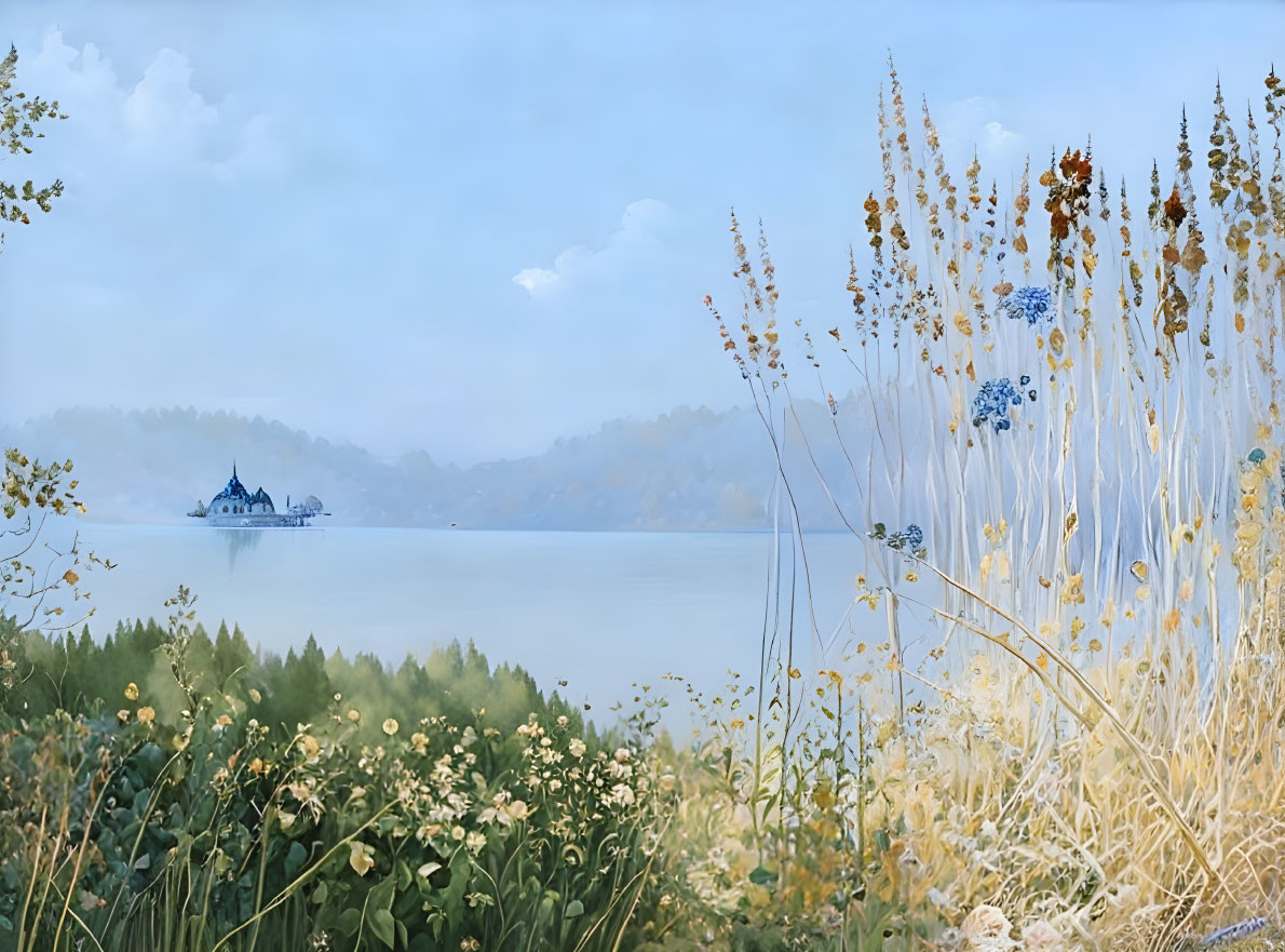 Tranquil lake scene with wildflowers, distant chapel, misty forested hills