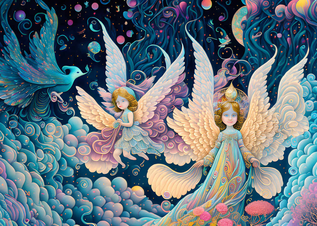 Whimsical illustration of angelic figures with elaborate wings and floral motifs