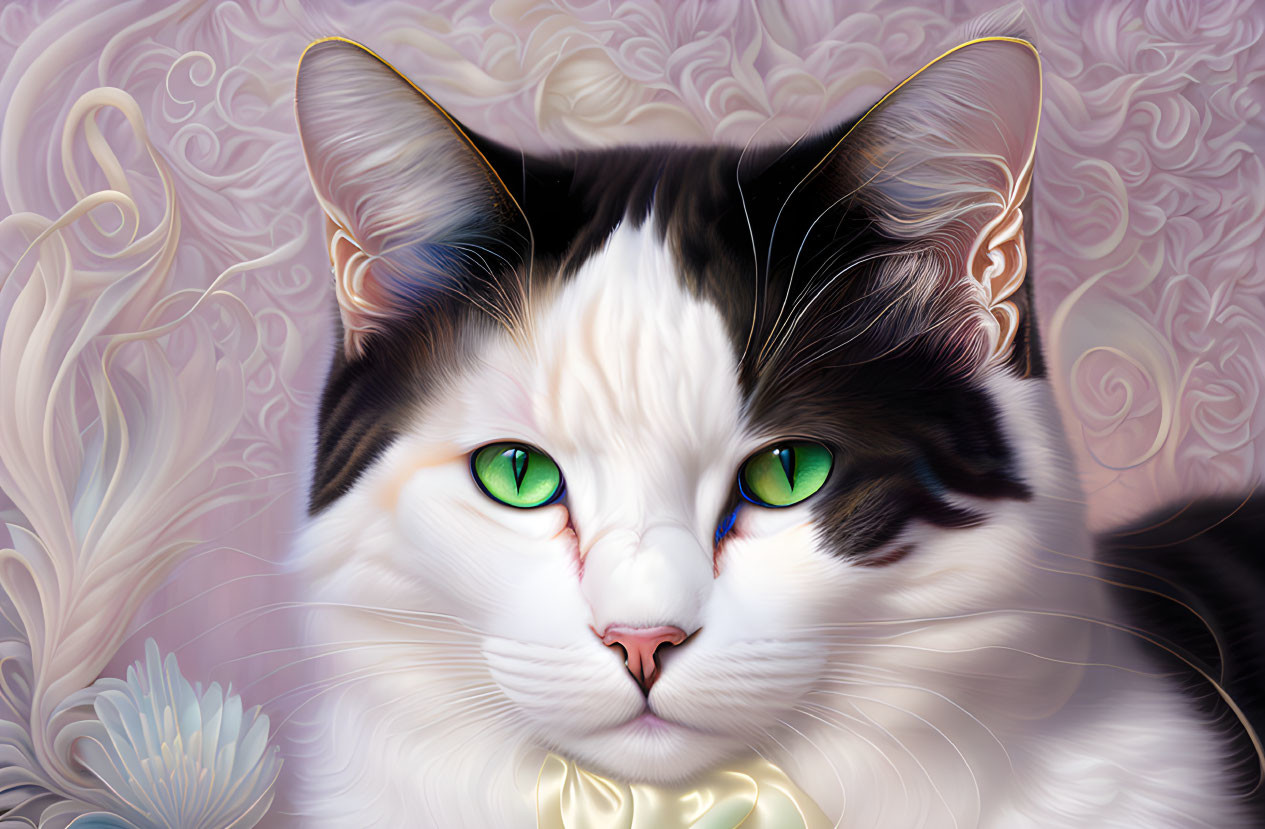 Digital art portrait: Cat with green eyes, black and white fur, yellow bow, pastel background