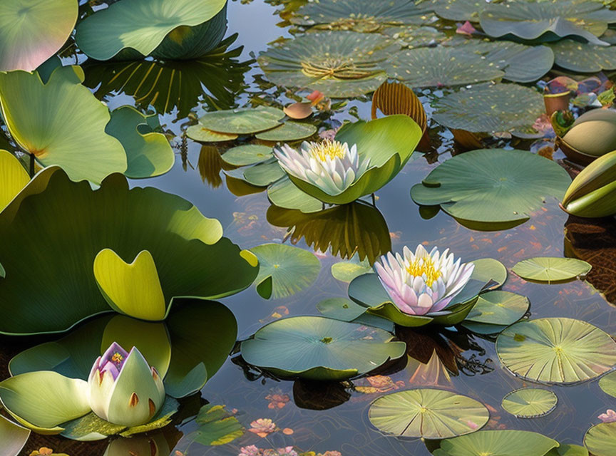 Tranquil Pond Scene with Lily Pads and Water Lilies