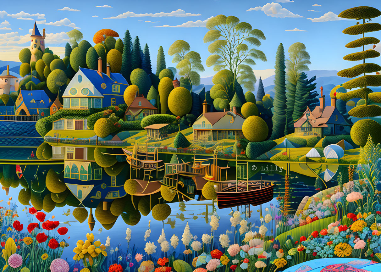 Colorful landscape illustration with whimsical trees, houses, lake, and flowers